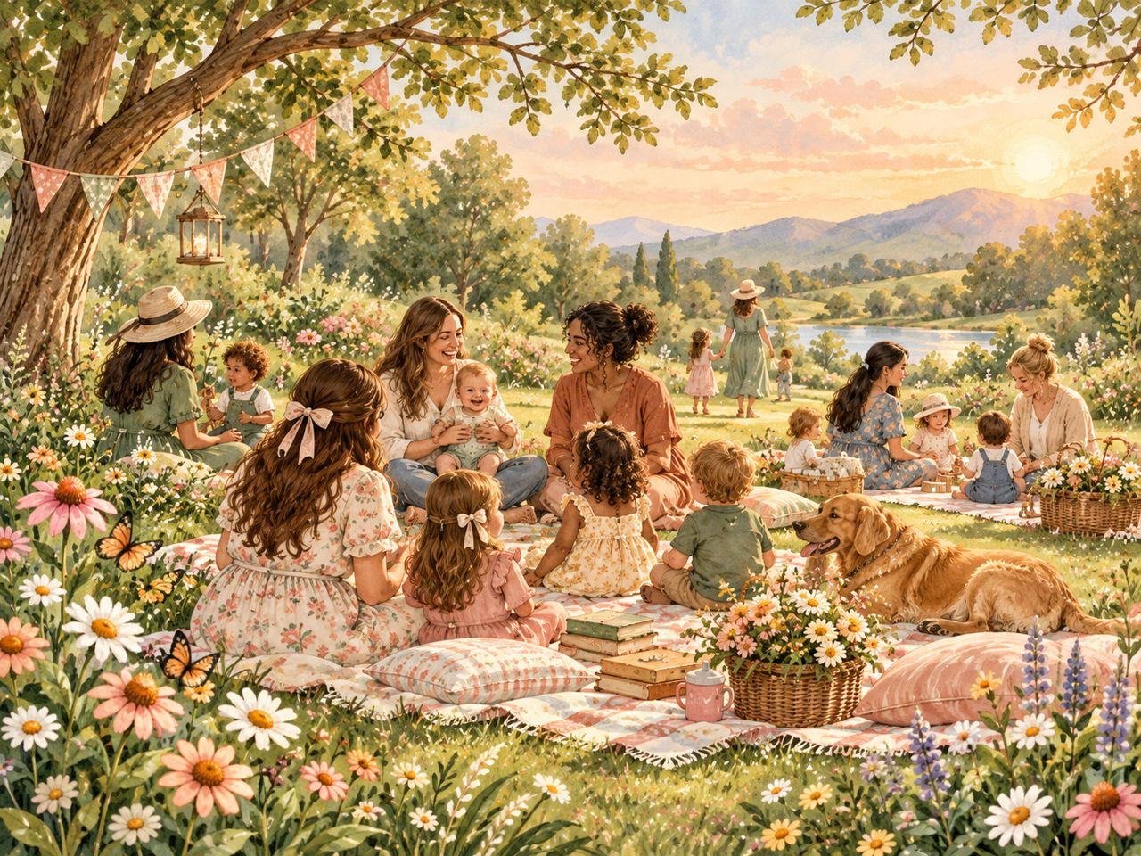 An inviting picnic setting in a sunny green park with flowers and a community welcome board