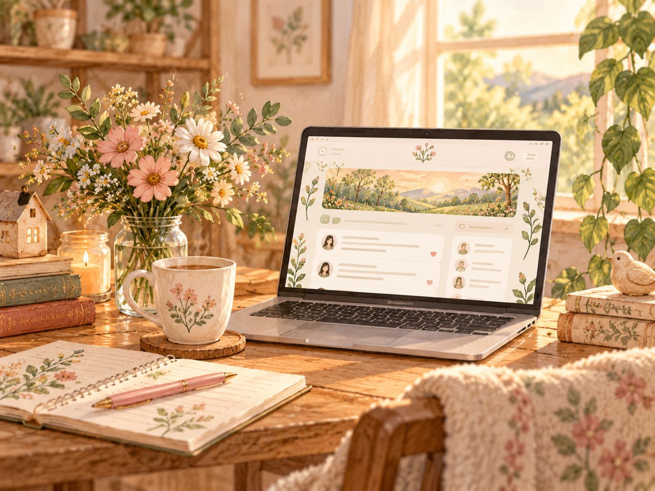 A cozy online community workspace with a laptop, flowers, notebooks and a cup