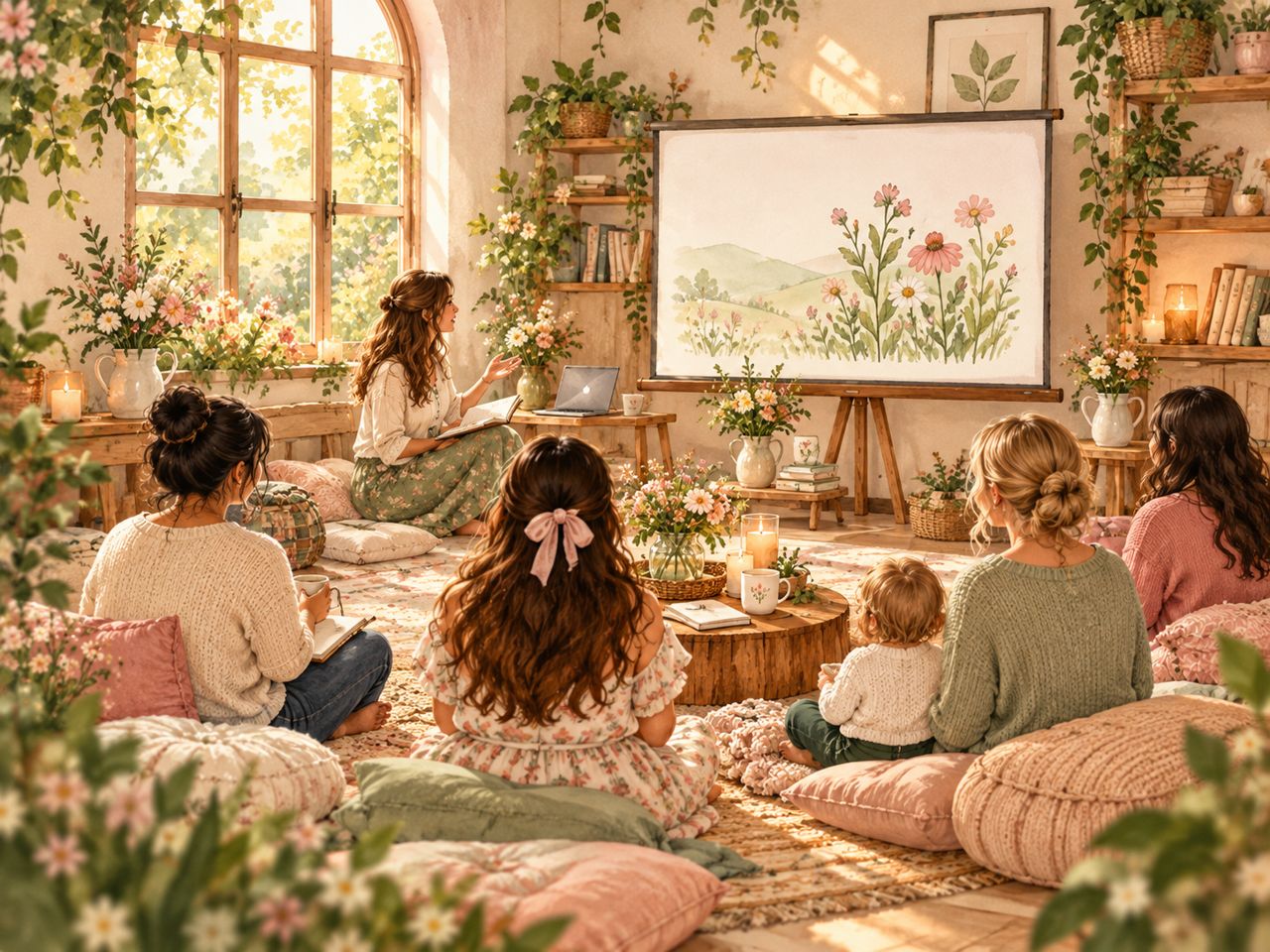 A welcoming workshop room with flowers, notebooks and a Path & Petal presentation